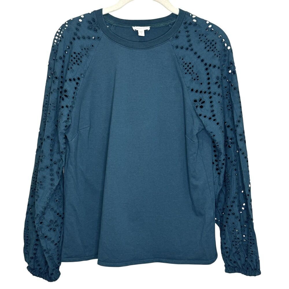 Garnet Hill Shirt Womens Small Teal Eyelet Raglan Sleeve Organic TENCEL 501248